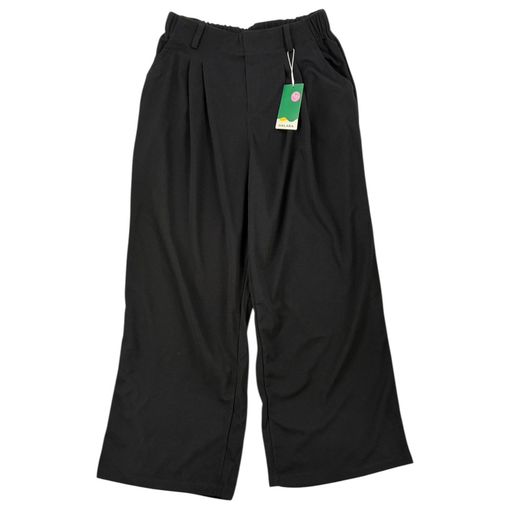 HALARA Black Pleated Wide-Leg Cropped Pants Womens L NWT Pull On Pockets